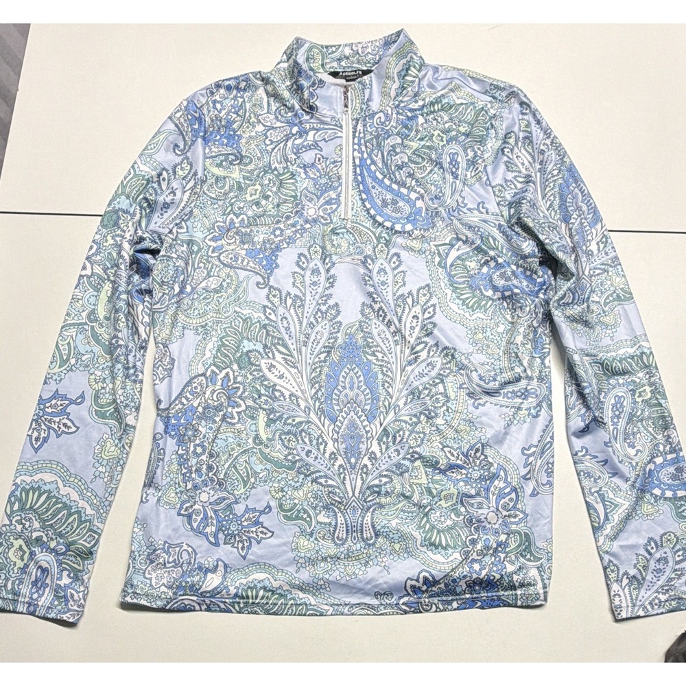 ACEGOLFS Womens L 1/4 Zip Mock Neck Long Sleeve Golf Top Blue Green Paisley